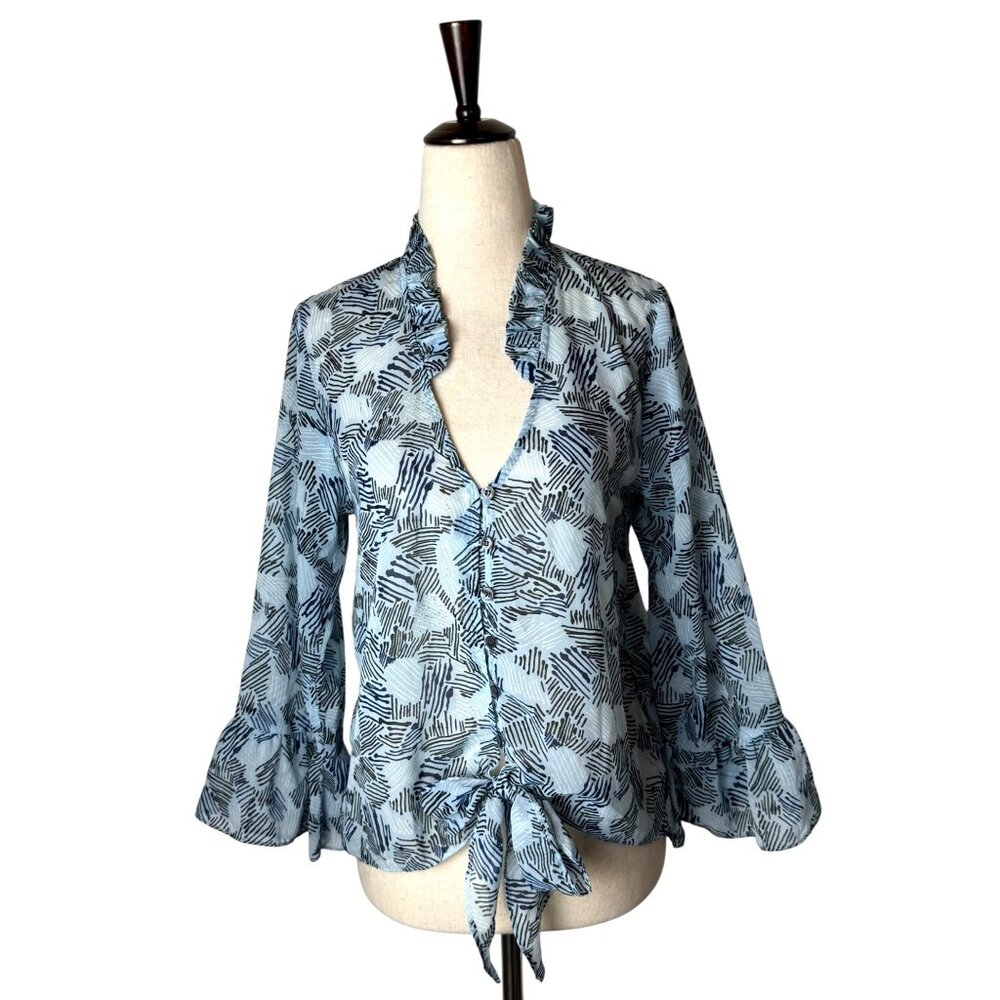 Waverly Grey Shirt Women Small Blue Abstract Chiffon Button Front Tie Waist Top